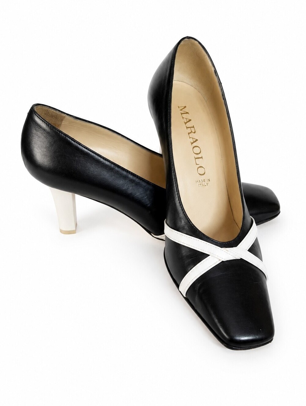 Maraolo Black & White Leather Pumps Italy Chic Kitten Heels Square Toe Vintage S
